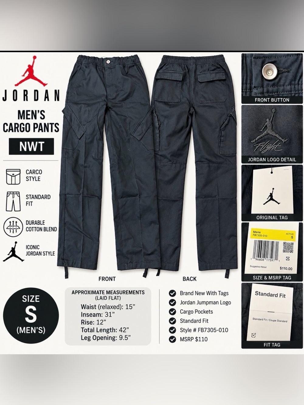 Jordan Men’s Cargo Pants Size Small Black NWT Standard Fit FB7305-010